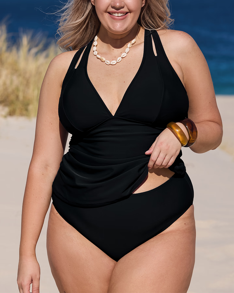 sheways®Black Ruched Tankini Top & Mid-Rise Bottoms